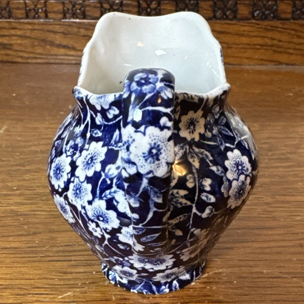 Vtg Royal Crownford Staffordshire Calico Blue Chintz Sugar Bowl & Creamer Set
